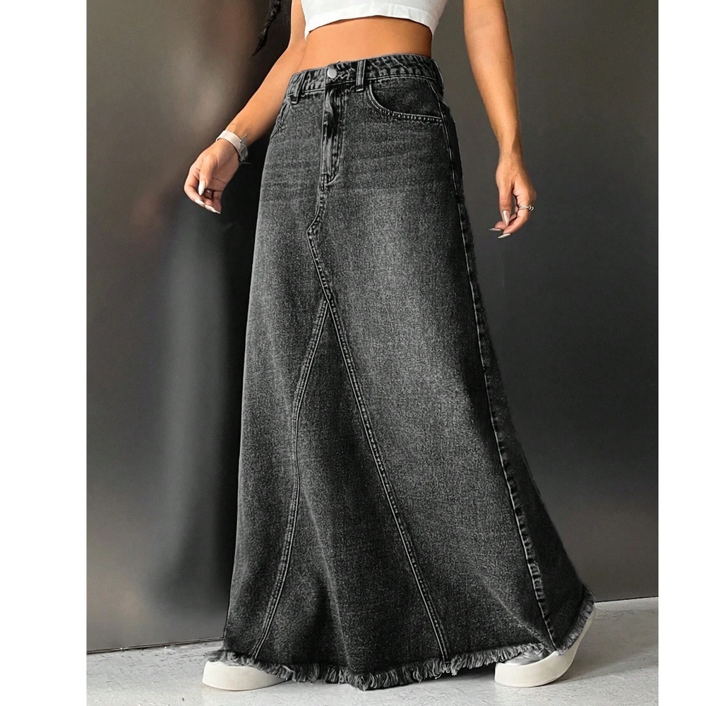 Boho Raw hem Jean Denim Pockets Maxi Skirt